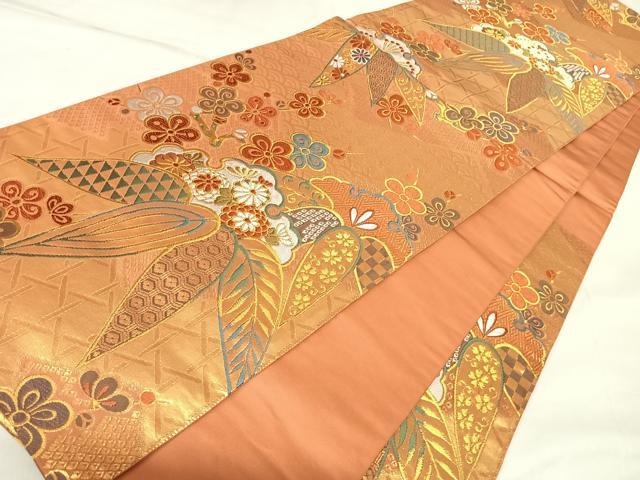 平和屋着物◎六通柄袋帯　唐織　笹梅文　金糸　正絹　逸品　AABK5122yx