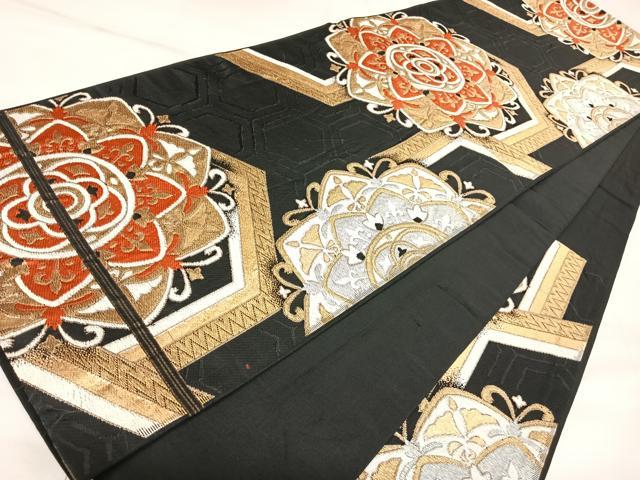 平和屋着物◎六通柄　京袋帯　唐織　正倉院花文　黒地　金銀糸　正絹　逸品　AABK5123yx
