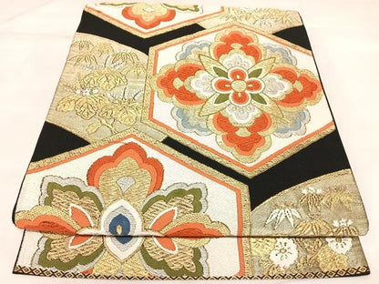 平和屋着物◎六通柄　本袋帯　唐織　亀甲花文　黒地　金銀糸　正絹　逸品　AABK5125yx