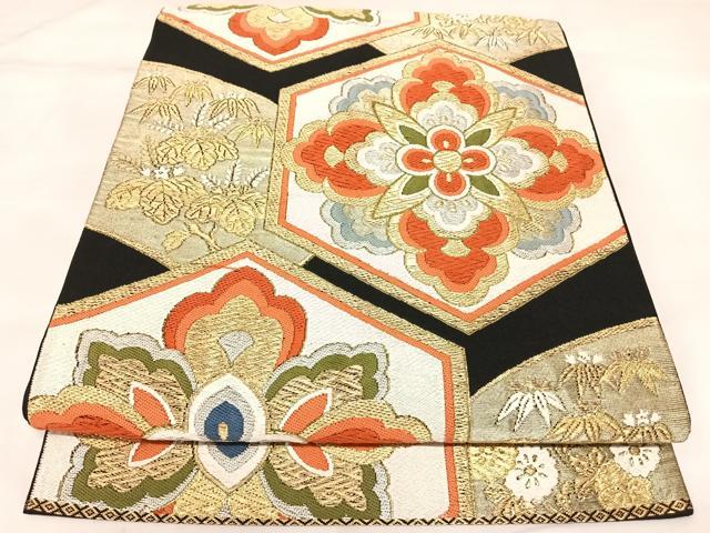 平和屋着物◎六通柄　本袋帯　唐織　亀甲花文　黒地　金銀糸　正絹　逸品　AABK5125yx