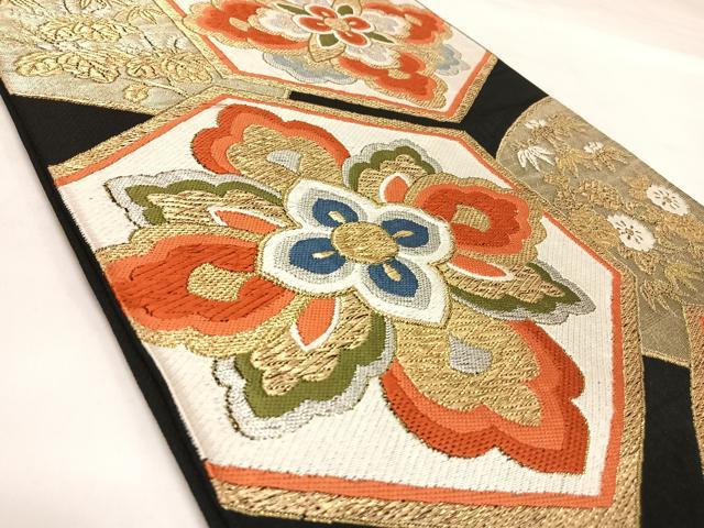 平和屋着物◎六通柄　本袋帯　唐織　亀甲花文　黒地　金銀糸　正絹　逸品　AABK5125yx
