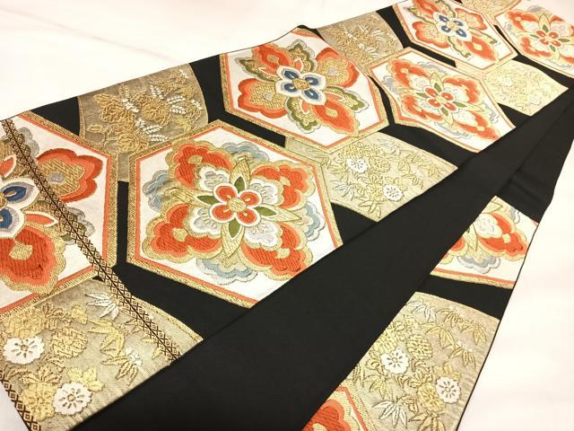 平和屋着物◎六通柄　本袋帯　唐織　亀甲花文　黒地　金銀糸　正絹　逸品　AABK5125yx