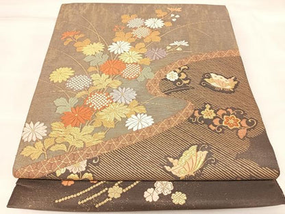 平和屋着物◎太鼓柄袋帯　唐織　草花文　金糸　鈴乃屋扱い　正絹　逸品　AABK5129yx