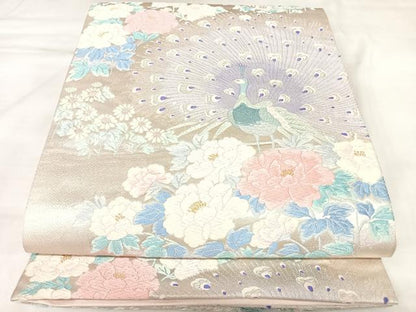 平和屋着物◎六通柄袋帯　唐織　紫薫孔雀文　金銀糸　正絹　逸品　AABK5142yx