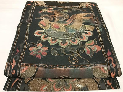 平和屋着物◎全通柄　本袋帯　鴛鴦花文　黒地　金糸　正絹　逸品　AABK5144yx