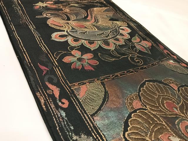 平和屋着物◎全通柄　本袋帯　鴛鴦花文　黒地　金糸　正絹　逸品　AABK5144yx