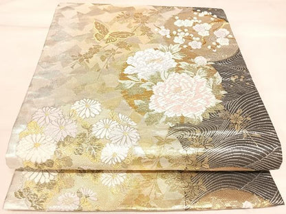 平和屋着物◎六通柄袋帯　唐織　琳派草花文　金銀糸　正絹　逸品　AABK5146yx