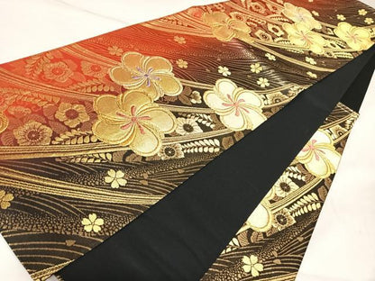 平和屋着物◎六通柄袋帯　舞花文　辻が花　金糸　正絹　逸品　AABK5149yx