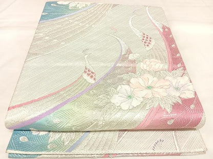 平和屋着物◎六通柄袋帯　唐織　孔雀花文　銀糸　正絹　逸品　AABK5153yx