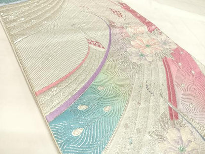 平和屋着物◎六通柄袋帯　唐織　孔雀花文　銀糸　正絹　逸品　AABK5153yx
