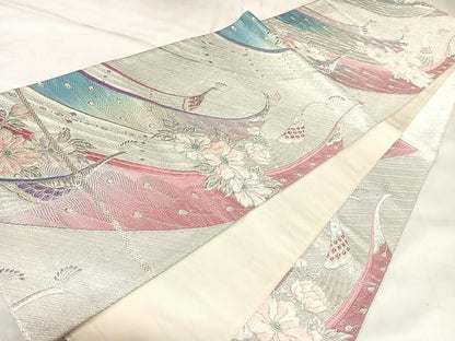平和屋着物◎六通柄袋帯　唐織　孔雀花文　銀糸　正絹　逸品　AABK5153yx