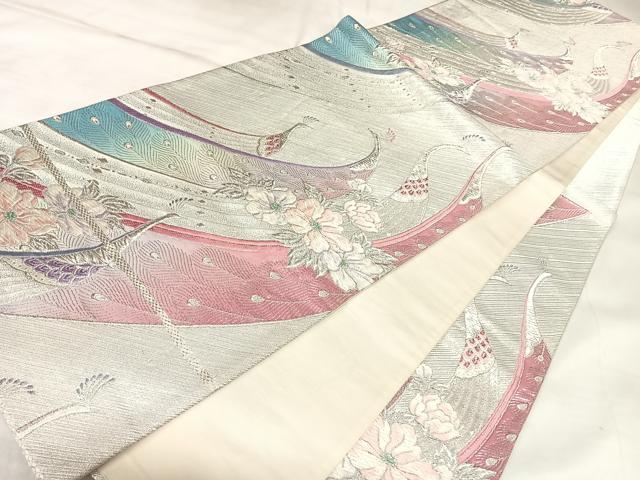 平和屋着物◎六通柄袋帯　唐織　孔雀花文　銀糸　正絹　逸品　AABK5153yx