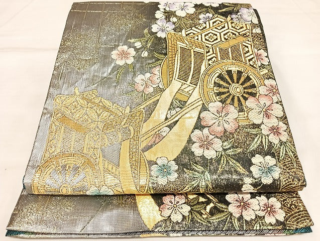 平和屋着物◎六通柄袋帯　御所車花文　金銀糸　正絹　逸品　AABK5156yx