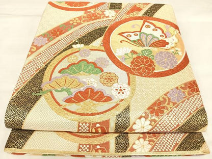 平和屋着物◎佐賀錦　六通柄袋帯　唐織　花蝶丸文　金糸　正絹　逸品　AABK5159yx