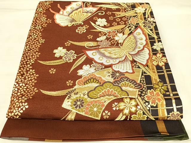 平和屋着物◎六通柄袋帯　唐織　花蝶文　金糸　正絹　逸品　AABK5164yx