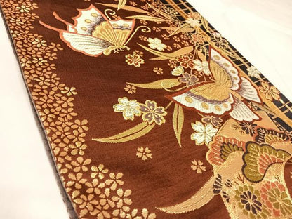 平和屋着物◎六通柄袋帯　唐織　花蝶文　金糸　正絹　逸品　AABK5164yx