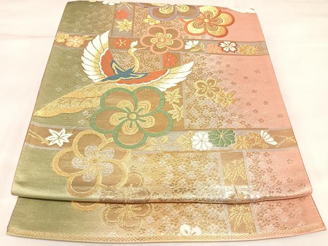 平和屋着物◎六通柄袋帯　唐織　飛鶴梅文　金銀糸　正絹　逸品　AABK5167yx
