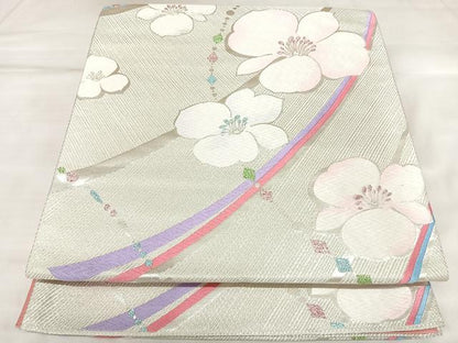 平和屋着物◎六通柄袋帯　唐織　舞花文　銀糸　正絹　逸品　AABK5169yx