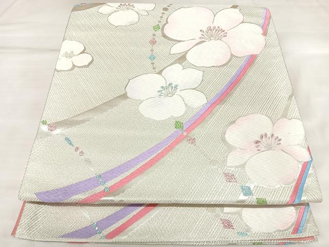 平和屋着物◎六通柄袋帯　唐織　舞花文　銀糸　正絹　逸品　AABK5169yx