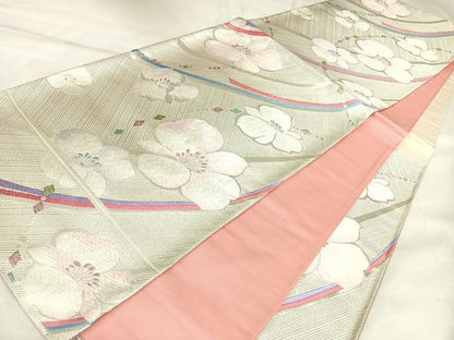 平和屋着物◎六通柄袋帯　唐織　舞花文　銀糸　正絹　逸品　AABK5169yx