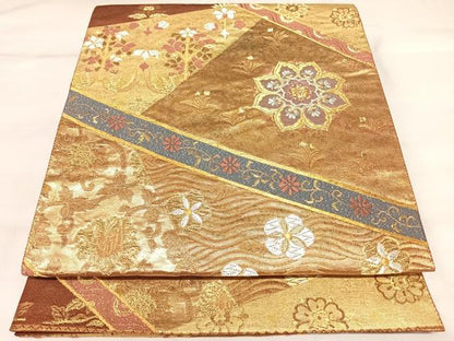 平和屋着物◎高島織物謹製　六通柄袋帯　唐織　切り嵌め花文　青銅箔　金銀糸　正絹　逸品　AABK5171yx