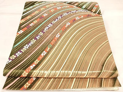 平和屋着物◎六通柄袋帯　唐織　立波花文　金糸　正絹　逸品　AABK5173yx