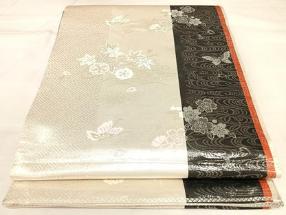 平和屋着物◎両面　全通柄袋帯　唐織　飛鶴草花文　金銀糸　正絹　逸品　AABK5178yx