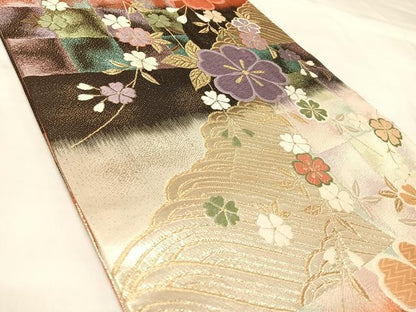 平和屋着物◎両面　六通柄袋帯　唐織　立波花文　金糸　正絹　逸品　AABK5179yx