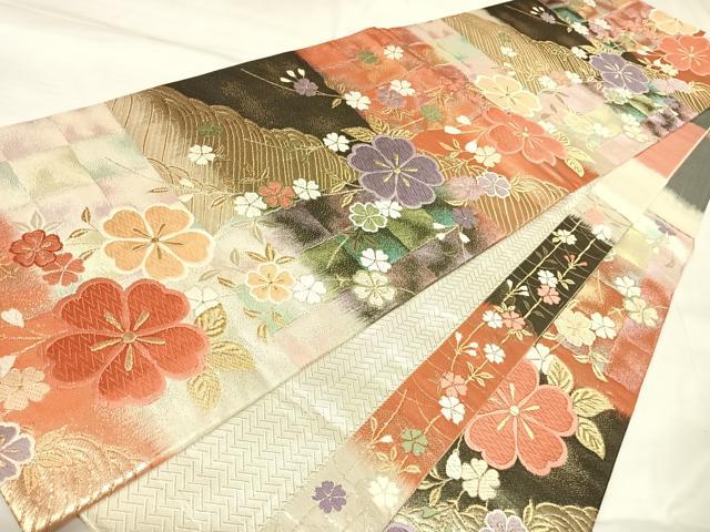 平和屋着物◎両面　六通柄袋帯　唐織　立波花文　金糸　正絹　逸品　AABK5179yx