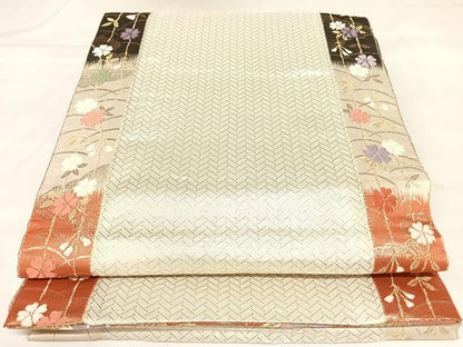 平和屋着物◎両面　六通柄袋帯　唐織　立波花文　金糸　正絹　逸品　AABK5179yx