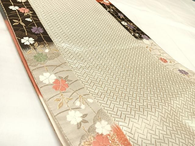 平和屋着物◎両面　六通柄袋帯　唐織　立波花文　金糸　正絹　逸品　AABK5179yx