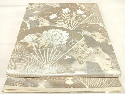 平和屋着物◎西陣　服部織物謹製　六通柄袋帯　こはく錦　扇面草花文　二重箔織　銀糸　正絹　逸品　AABK5184yx