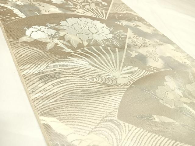 平和屋着物◎西陣　服部織物謹製　六通柄袋帯　こはく錦　扇面草花文　二重箔織　銀糸　正絹　逸品　AABK5184yx