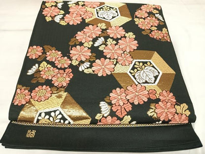 平和屋着物◎六通柄　本袋帯　唐織　花丸文　黒地　金糸　AABK5189yx