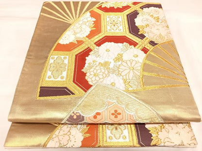 平和屋着物◎六通柄袋帯　唐織　扇面花宝づくし　金銀糸　正絹　逸品　AABK5198yx