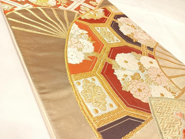 平和屋着物◎六通柄袋帯　唐織　扇面花宝づくし　金銀糸　正絹　逸品　AABK5198yx