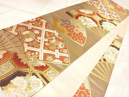 平和屋着物◎六通柄袋帯　唐織　扇面花宝づくし　金銀糸　正絹　逸品　AABK5198yx