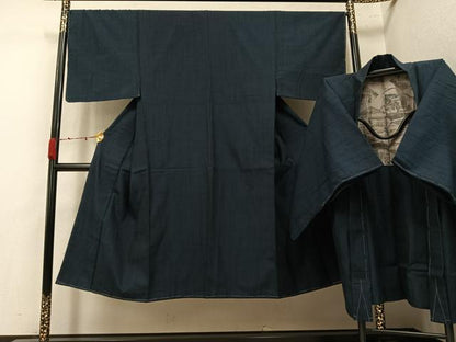 平和屋着物●男性　紬　アンサンブル　色無地　藍鉄色　正絹　逸品　AABK5202ph