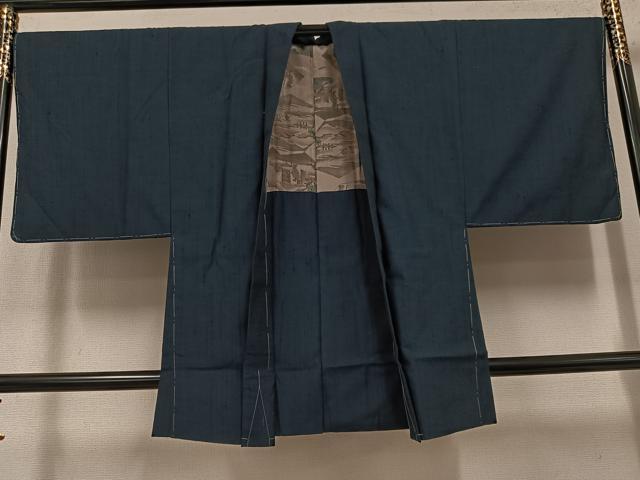 平和屋着物●男性　紬　アンサンブル　色無地　藍鉄色　正絹　逸品　AABK5202ph