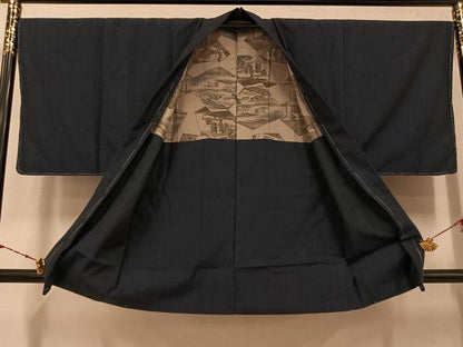 平和屋着物●男性　紬　アンサンブル　色無地　藍鉄色　正絹　逸品　AABK5202ph