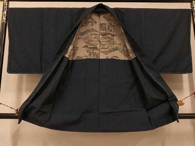 平和屋着物●男性　紬　アンサンブル　色無地　藍鉄色　正絹　逸品　AABK5202ph