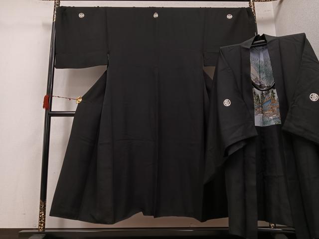 平和屋着物●男性　黒紋付・羽織セット　正絹　逸品　AABK5203ph