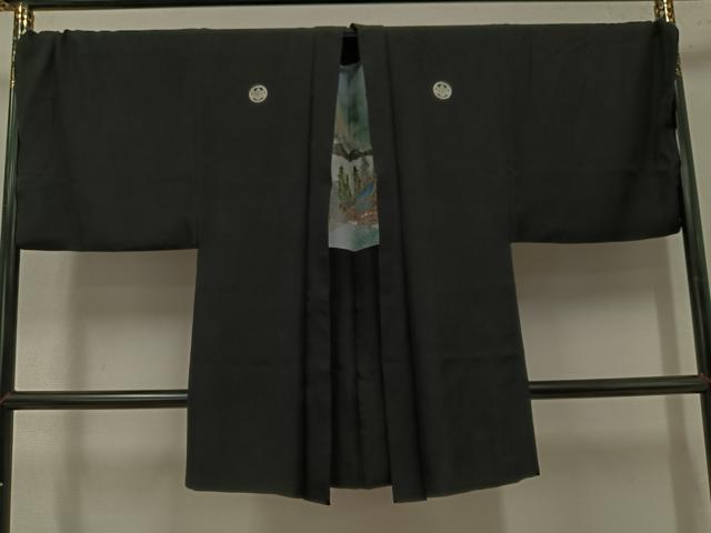 平和屋着物●男性　黒紋付・羽織セット　正絹　逸品　AABK5203ph