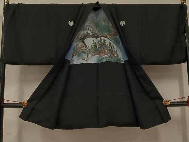 平和屋着物●男性　黒紋付・羽織セット　正絹　逸品　AABK5203ph
