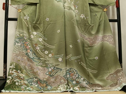 平和屋着物●訪問着　草花文　暈し染め　金彩　仮絵羽　正絹　逸品　未使用　AABK5209ph