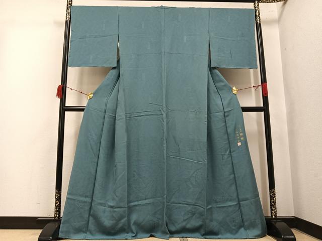 平和屋着物●上質な色無地　作家物　龍道華彩　八十八家運　釈杖　風景地紋　千草色　正絹　逸品　AABK5215ph