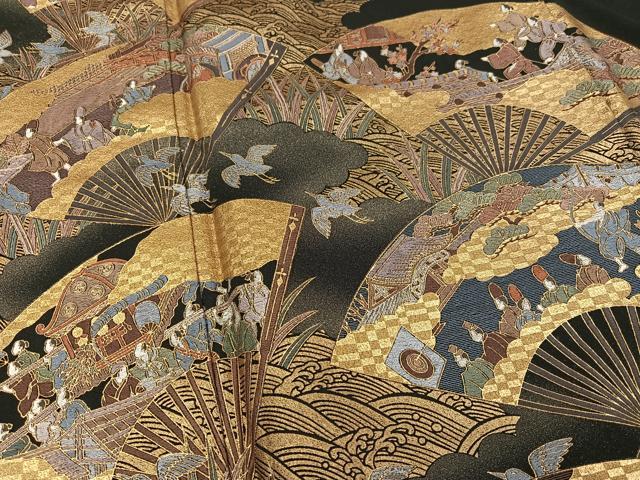 平和屋着物●豪華黒留袖　作家物　呉県刺繍　扇人物花鳥文　金彩　正絹　逸品　AABK5230ph