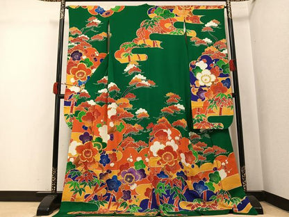 平和屋着物●豪華振袖　駒刺繍　松竹梅　鬼しぼ縮緬　正絹　逸品　AABK5231ph