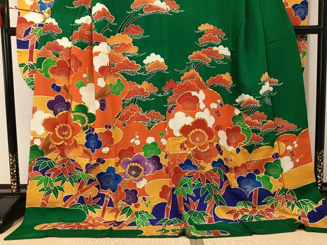 平和屋着物●豪華振袖　駒刺繍　松竹梅　鬼しぼ縮緬　正絹　逸品　AABK5231ph