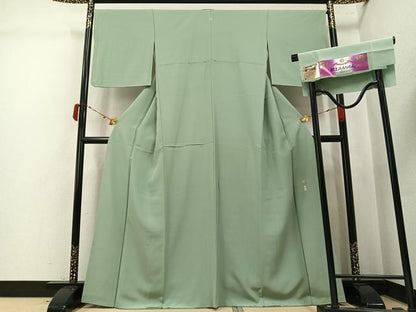 平和屋着物●上質な色無地　山葵色　浜ちりめん　反端付き　正絹　逸品　AABK5243ph